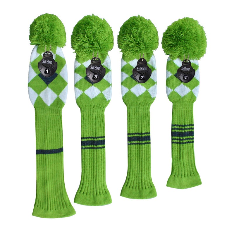 Scott Edward Green Grey White Argyle Golf Club Head Covers, Acrylic Yarn Double-Layers Knitted, with Rotatable Number Tags Set of 4 (Green Grey White Argyle Grey Stripes) - Image 2